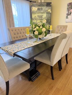 Sturdy 8-person Dining set / Tables and chairs / black solid wood