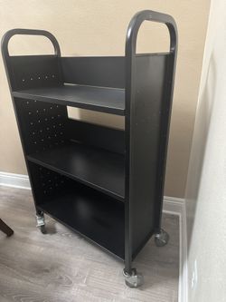 Book Cart, Hand Truck. 330lbs. Capacity, Black. Double Sided W-Shaped Sloped Shelves, 4 in. Lockable Wheels