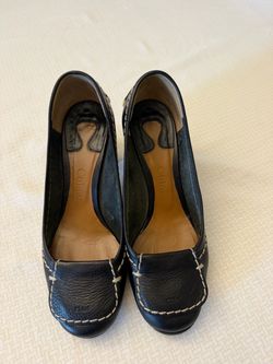 Designer black leather pump with block heels size 37