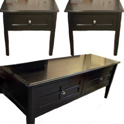 Dark Wood Coffee Table with Drawers + 2 Matching Side Tables