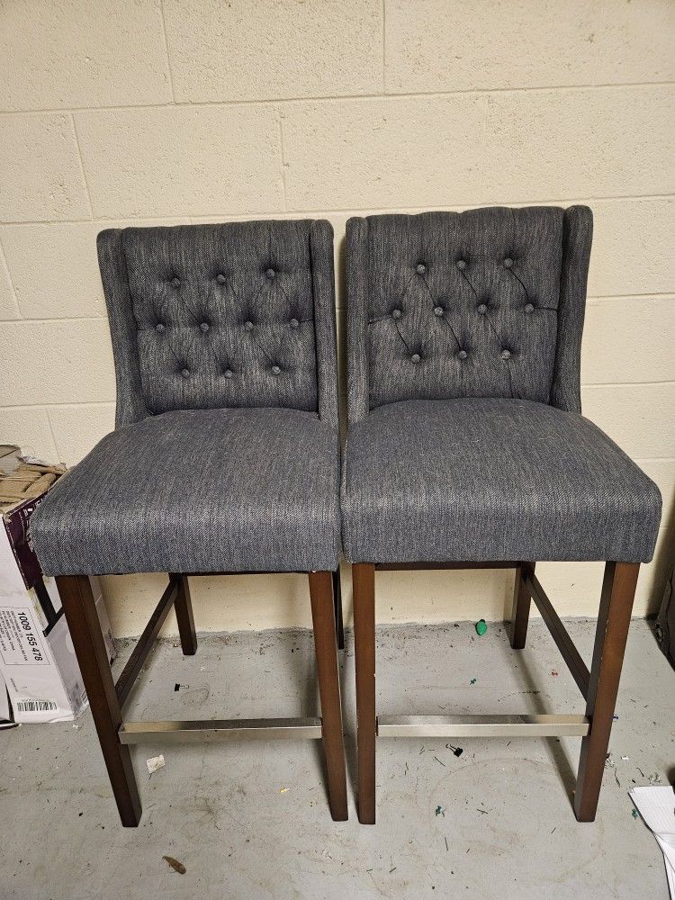 Barely Used Grey /Dark Wood Tufted Bar Stools
