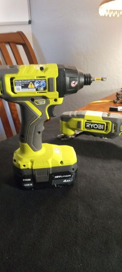 Five piece Ryobi combo with 18 lithium volt battery and charger and there is a Ryobi nylon bag brand new never used goes with it