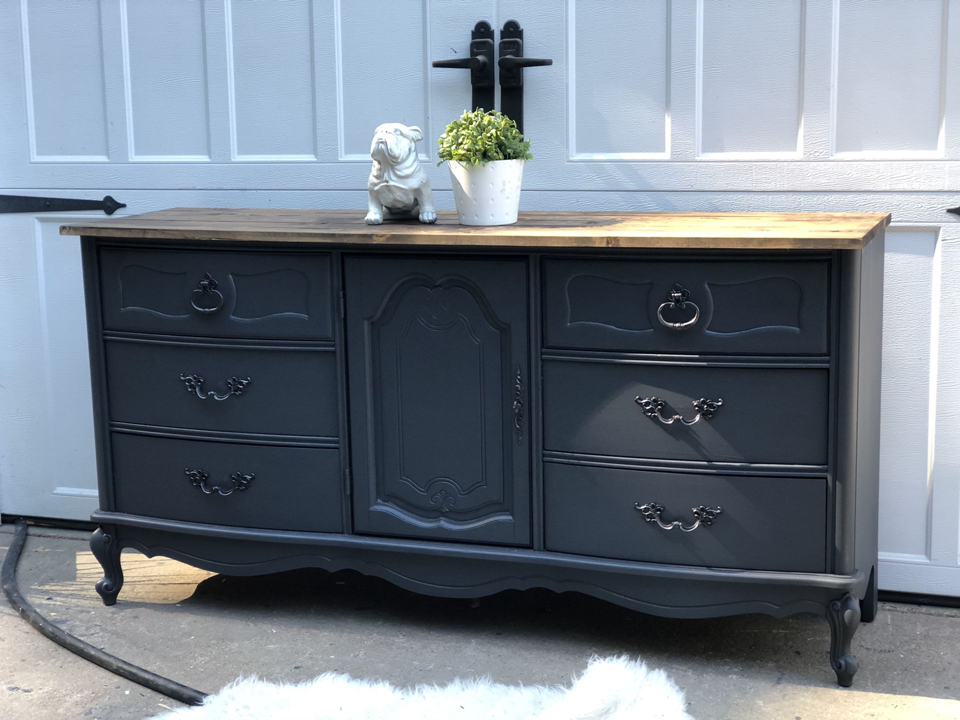 Gray French provincial dresser, with barn wood on top