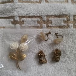 3Pc Vintage Rose-Theme Jewelry Set: Earrings and Broach