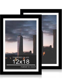12x18 Picture Frame Set of 2, 12 x 18 Wood Poster Frames with Mat for 11x17, Wooden Photo Frames with Tempered Glass Cover for Wall Display,Black.