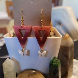 🔥HUGE jewelry SALE Handcrafted Whimsical Pink Triangle Earrings with White Butterfly Charm