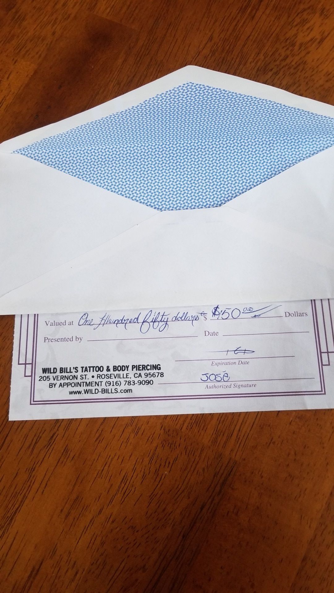 Gift certificate for wild bills