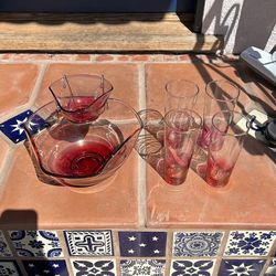 Midcentury Modern Vintage Glass Chip And Dip Bowl Matching Glasses