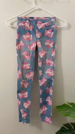 H&M Girls Barbie Denim Jeggings - Pink Hearts / Logo Print - Size 6-7Y (US 6x)