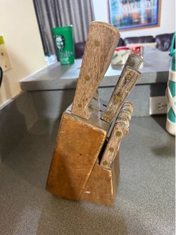 Vintage wood butcher block knives set