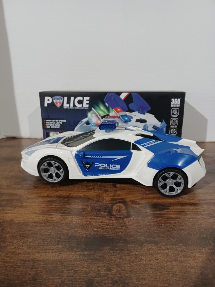 Battery Operated Toy Police Car 360 Rotation Lights & Sounds Plays Music New