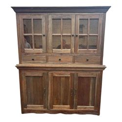 Rustic Wood Hutch Cabinet with Glass Doors and Drawers