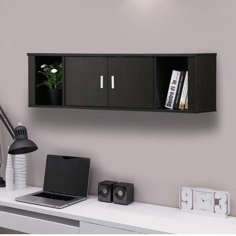 Topeakmart Wall Mounted Floating Media Storage Cabinet Hanging Desk Hutch 2 Door & Compartment