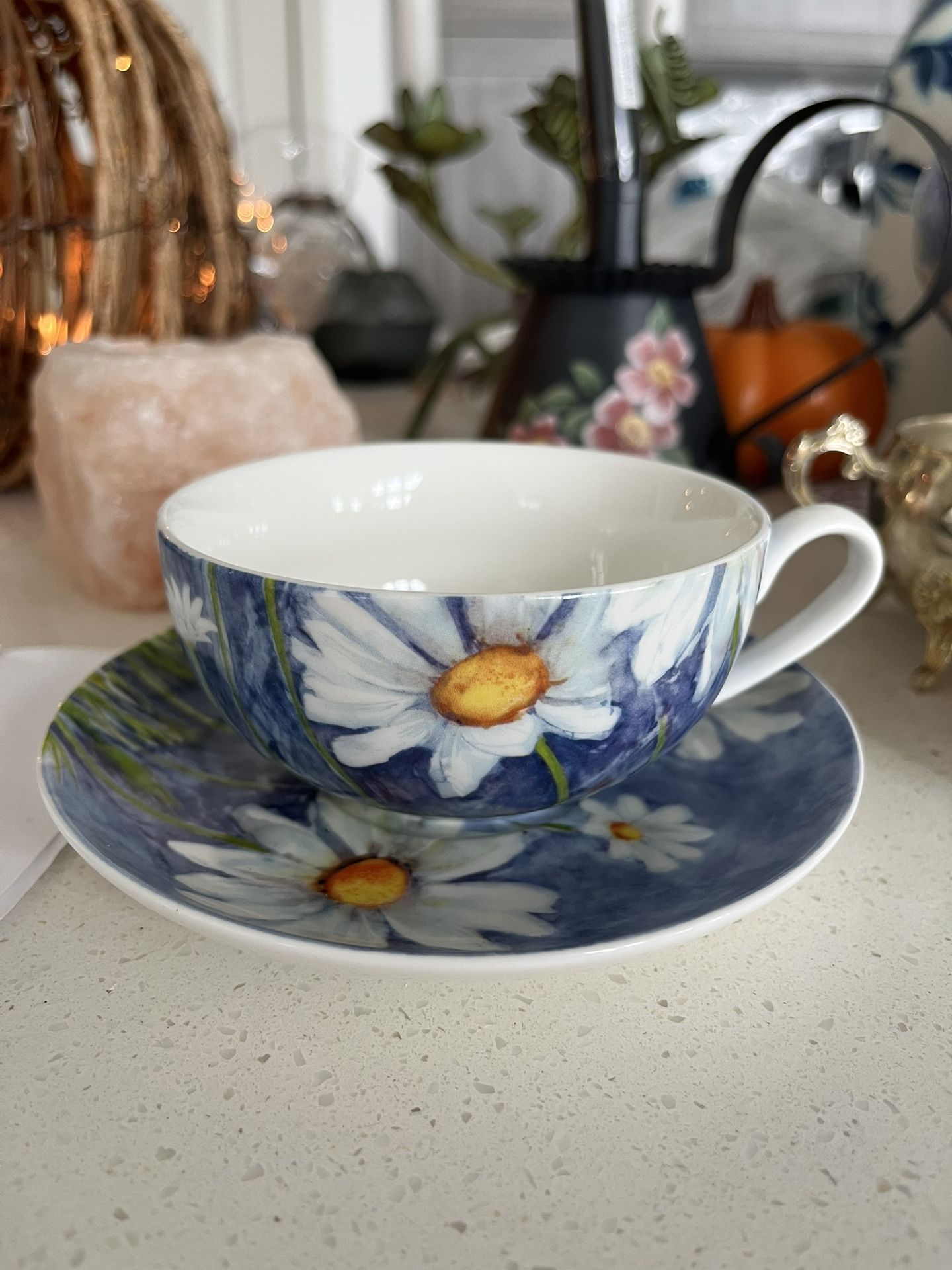 $79 Stechcol Art Gracie Bone China Cup & Saucer with Dasies Fine Porcelain Tea Set