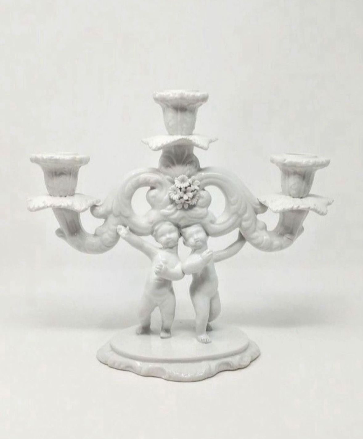 Vintage White Porcelain 3-Arm Cherub Candelabra Italian