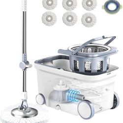 Spin Mop Bucket Deluxe 360 Spinning Floor Cleaning System with 5 Microfiber Replacement Head Refills, 62" Extended Handle, 4X Wheel for Home Cleaning