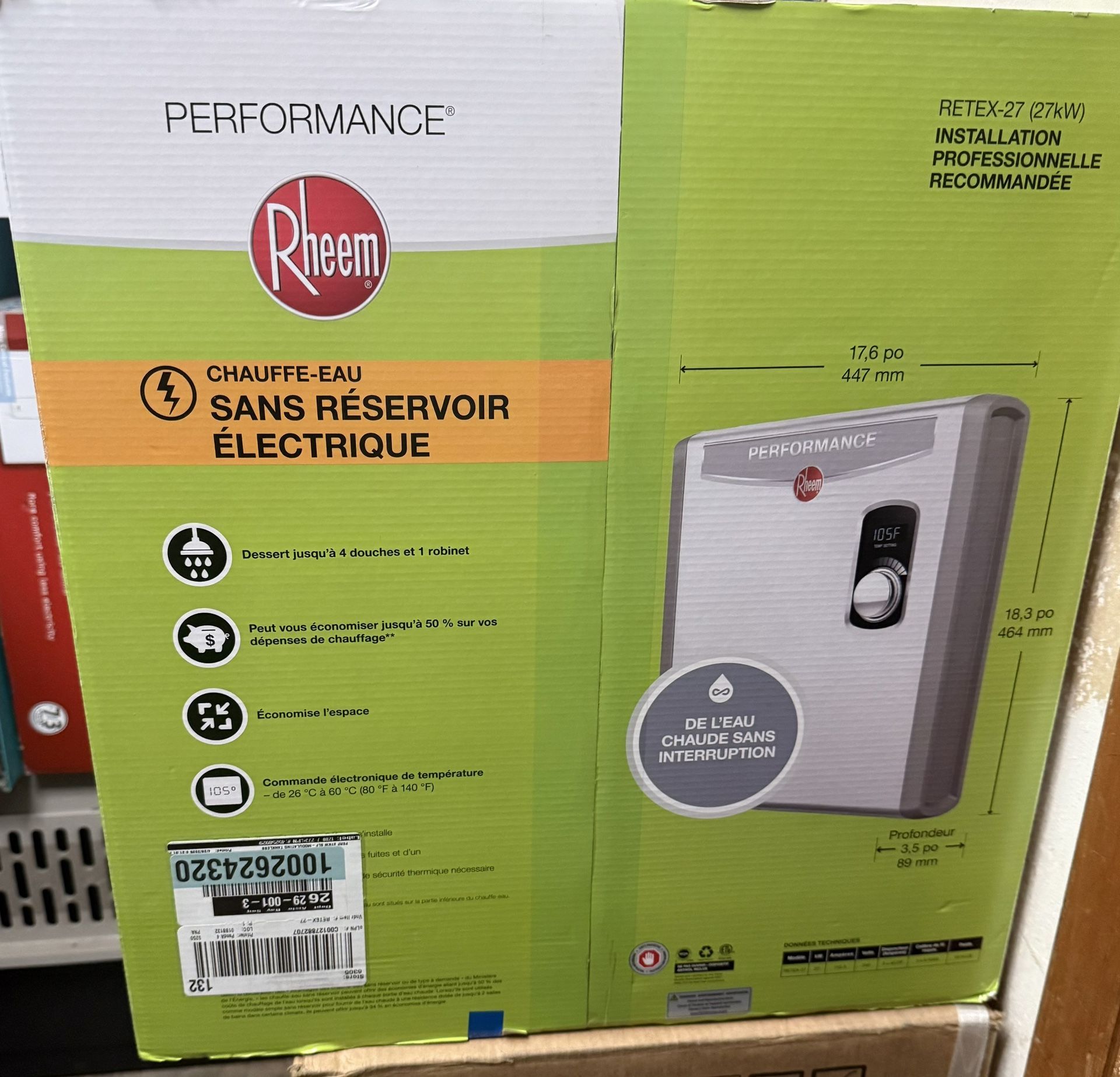 Rheem Fournit RETEX-27 Tankless Electric Water Heater