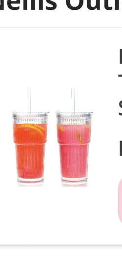 Ribbed Glass Cups With Straws. 2pk. New In Box