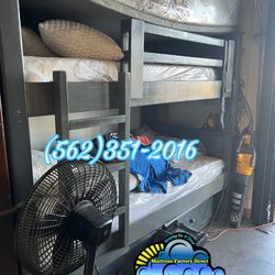 Twin Over Twin Real Wood Grey Bunk Bed With Both Mattresses- Litera Cama Completa Gris Con Dos Colchones Individuales 