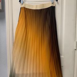 Women Medium Pleated Skirt Green Yellow Brown Tan Elastic Waist 