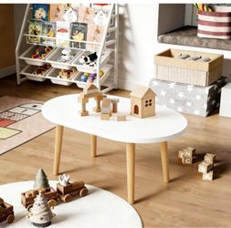 New Oval Coffee Table for Living Room, White, 19.7" D x 31.5" W x 16" H Low Table with 4 Solid Wood Sturdy Legs,Floor Table Desk for Sitting on The Fl