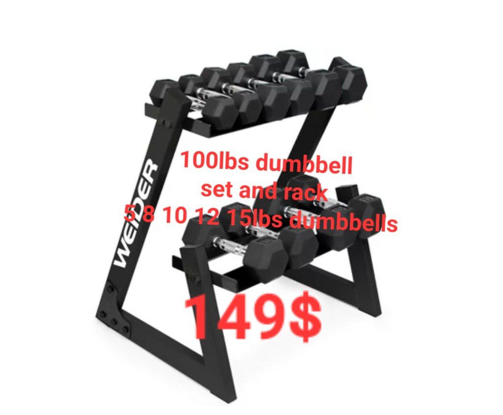 NEW IN BOX - Dumbbells Weider Weight set - 5lbs 8lbs 10lbs 12lbs 15lbs + rack - 100lbs total weight, 149$ 