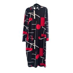 Women's Geometric Shift Dress 2XL Black Red White Long Sleeve Midi Knit