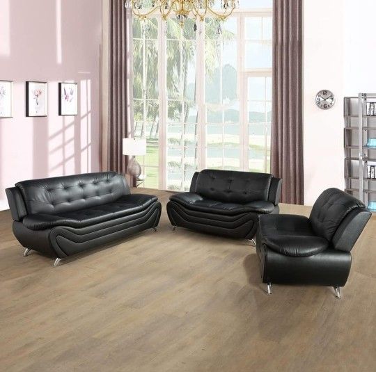 New Black  Faux Leather Sofa  Set 