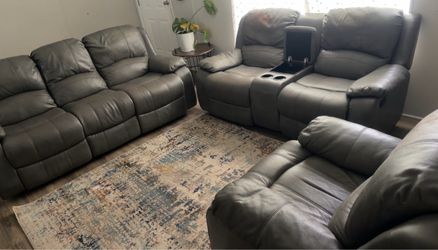 Gray Leather Reclining Sofa Set – 3 Pieces