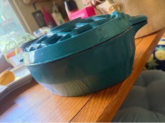 Vintage Teal Enameled Cast-Iron Wood Stove Steamer / Humidifier with Lattice Lid