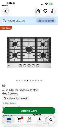 NEW LG 30” GAS COOKTOP WITH A 3 YEAR EXTENDED WARRANTY FULLY TRANSFERABLE 6/22/26