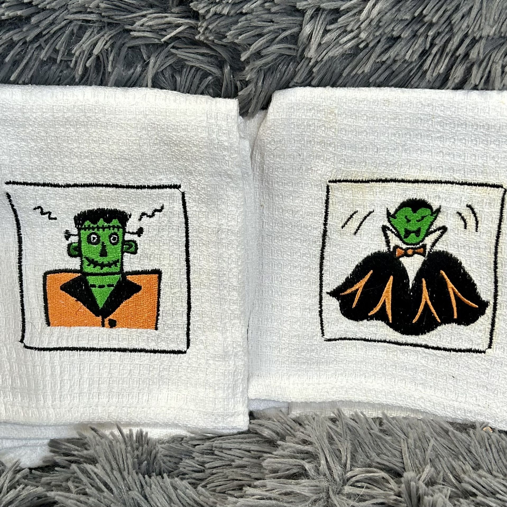 NOS: Embroidered Vintage Halloween Towels Monsters!