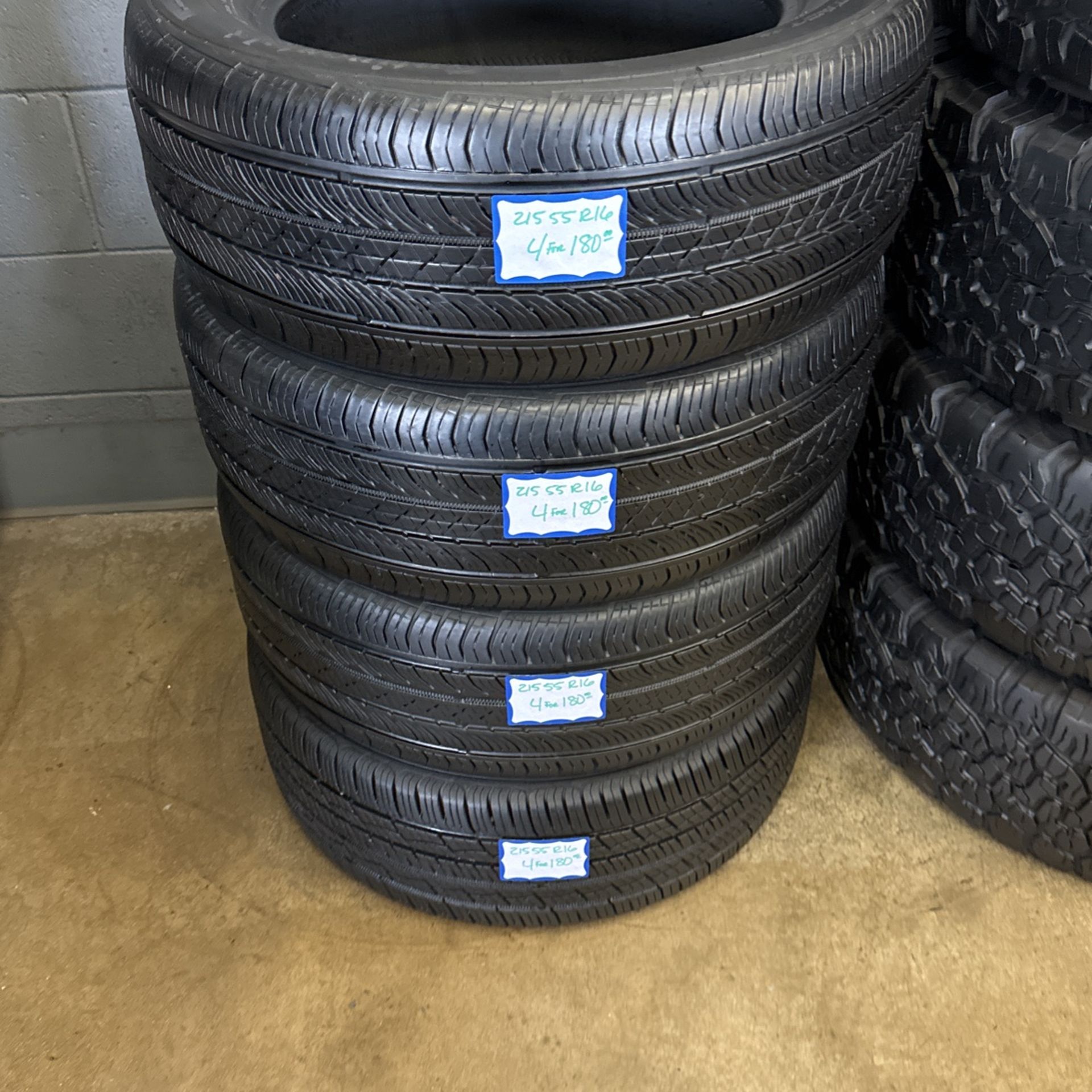 4-used Tires 215/55/R16 Continental For 180.00 Installed. Free Mount And High Speed Balance Included.