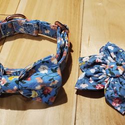 Blue Floral Dog Collar with Removable Bow Tie & Flower (Medium)