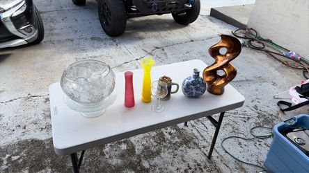 Vintage Home Decor Lot - Glassware, Blue & White Ceramic, Sculpture
