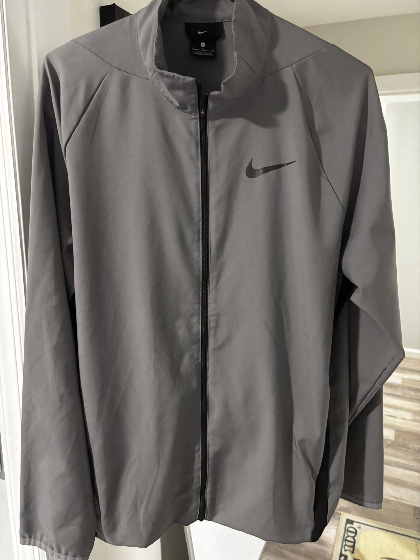 Nike Dri-Fit Full Zip Gray Fleece Jacket Men’s Large Swoosh Logo Rare Nylon