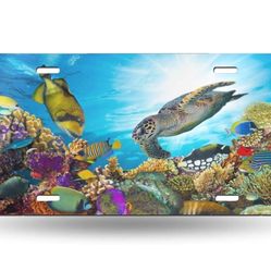Sea Turtle with Marine Life Coral Reef OCEAN Bright Colors Metal License Plate