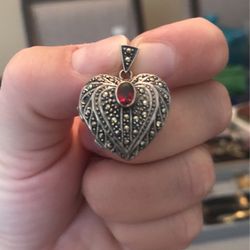 Sliver & Ruby Or Garnet (unknown) Stone Heart Locket Necklace 