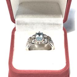 Vintage Never Worn One Of A Kind .925 Silver Ring With Aquamarine And CZ Diamonds. Size 9.