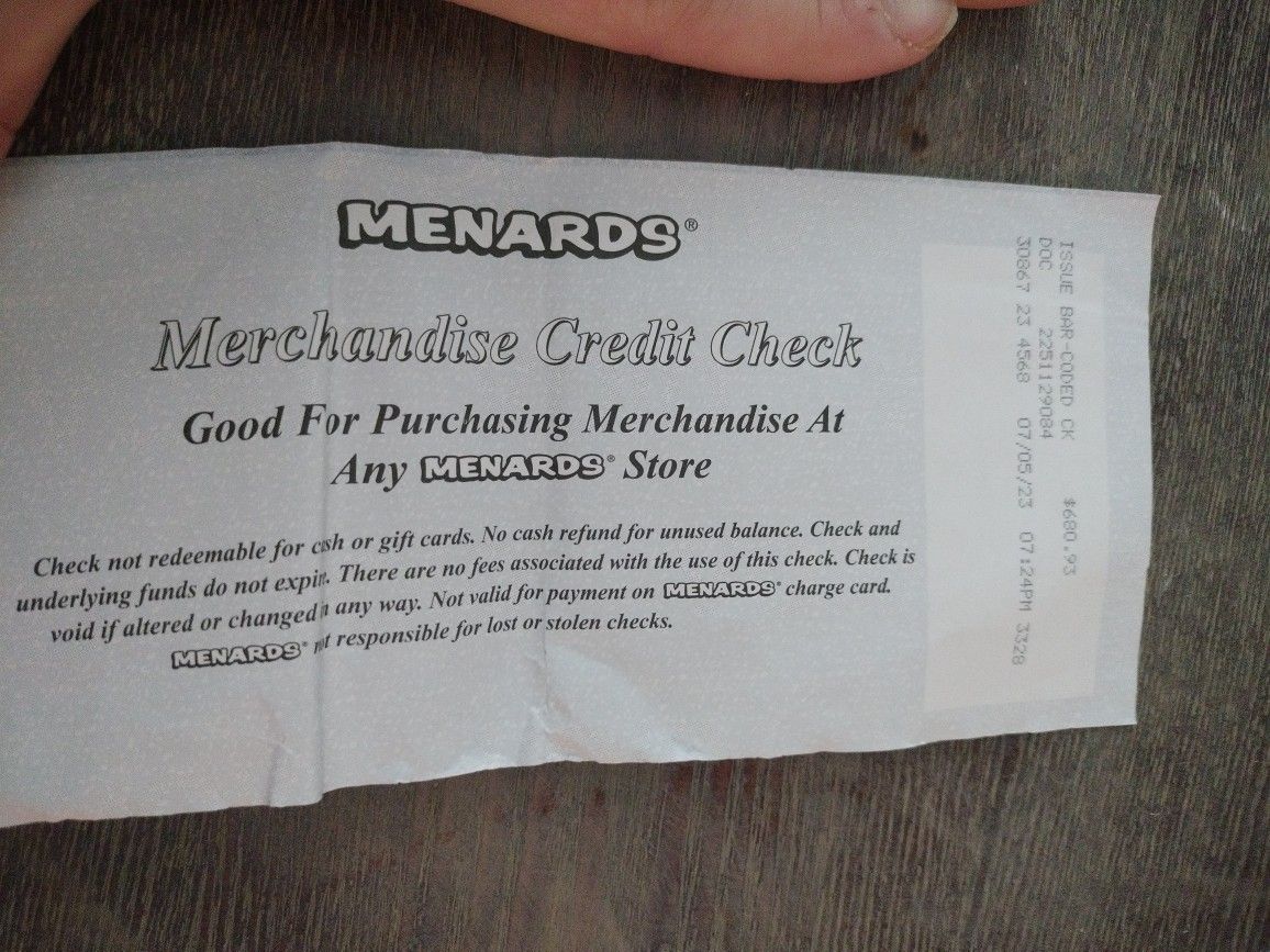Menards Merchandise Credit $680.93