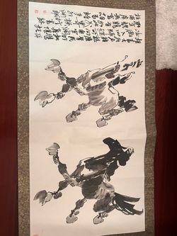 Chinese Ink Brush Painting Scroll – Two Horses
