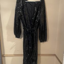 Black Sequin Ruched Belted MIDI Dress