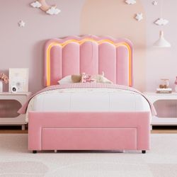 Twin Size Upholstered LED Bed Frame with Storage Drawer and Adjustable Chic Double Wavy Headboard, Velvet Princess Platform Bed for Girls/Kids, Solid 