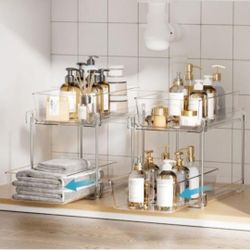 4 Pack Bathroom Organizer, 2 Tier Clear Under Sink Organizers Vanity Countertop Storage Container
