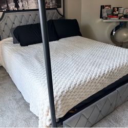 Keyluv Queen Upholstered Canopy Bed Frame with 2 Storage Drawers & Button Tufted Headboard