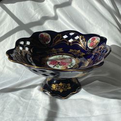 Vintage Alpine Cuisine Navy And Gold Pedestal Plate
