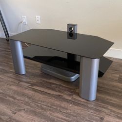 Sleek, Black Glass  And Steel TV Stand