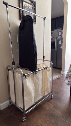 Seville Classics Rolling 3-Bag Steel Laundry Sorter w/ Hanging Bar