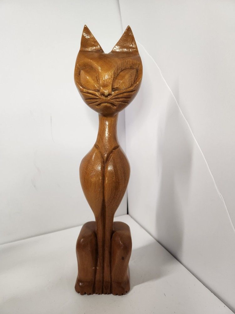 Vintage Carved Monkey Pod Wood Cat Statue Phillipines MCM Mid Century Modern 