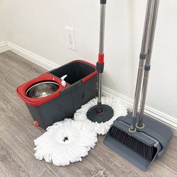 (NEW) $30 Combo Set, Broom Dustpan and Spin Mop Extended Handle w/ 2pc Microfiber Replacements 